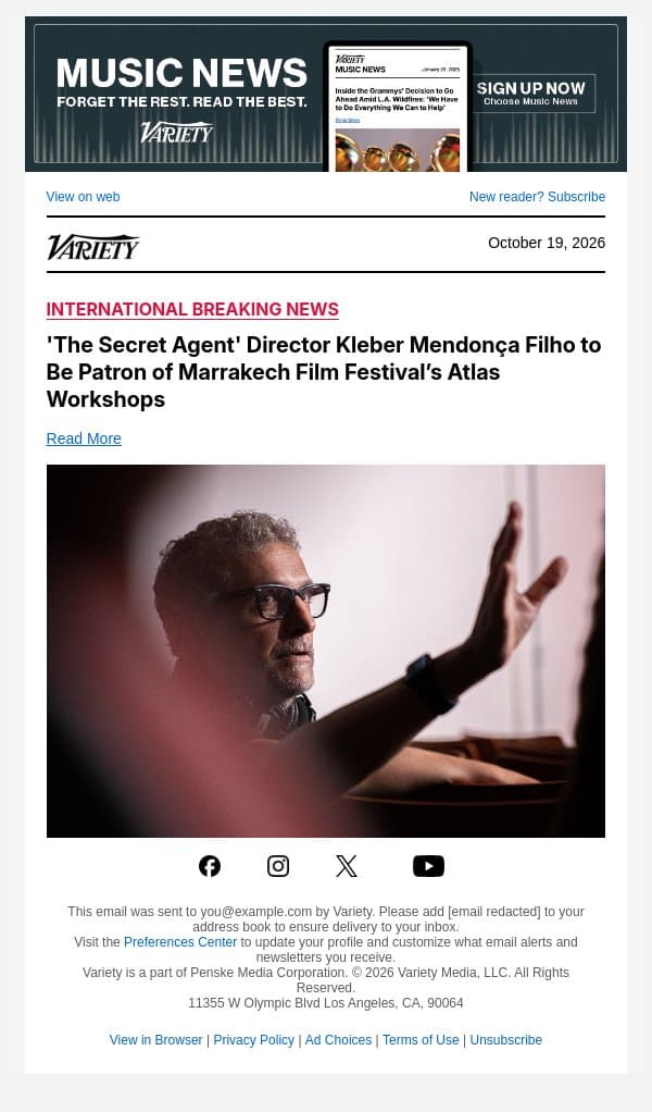'The Secret Agent' Director Kleber Mendonça Filho to Be Patron of Marrakech Film Festival’s Atlas Workshops email from Variety screenshot