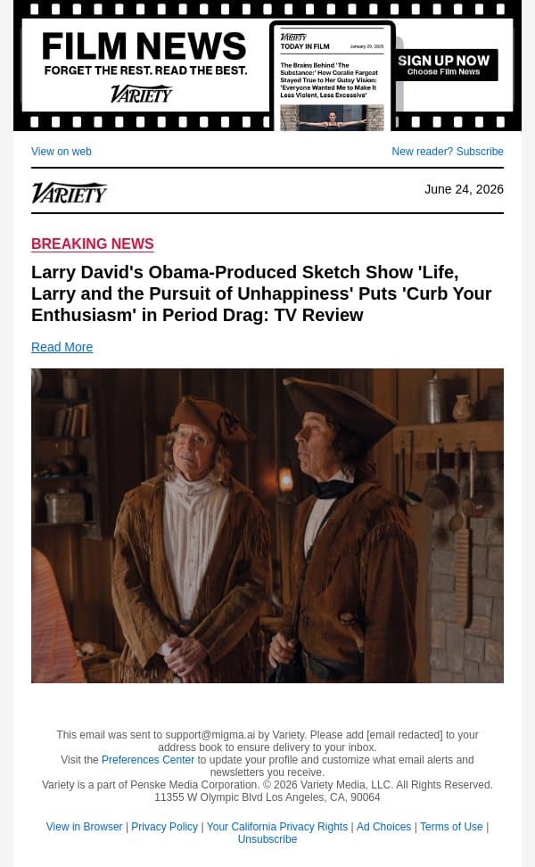 Larry David's Obama-Produced Sketch Show 'Life, Larry and the Pursuit of Unhappiness' Puts 'Curb Your Enthusiasm' in Period Drag: TV Review email from Variety screenshot