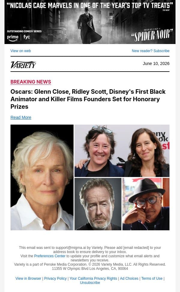 Oscars: Glenn Close, Ridley Scott, Disney's First Black Animator and Killer Films Founders Set for Honorary Prizes email from Variety screenshot