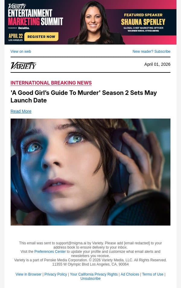 'A Good Girl’s Guide To Murder' Season 2 Sets May Launch Date email from Variety screenshot
