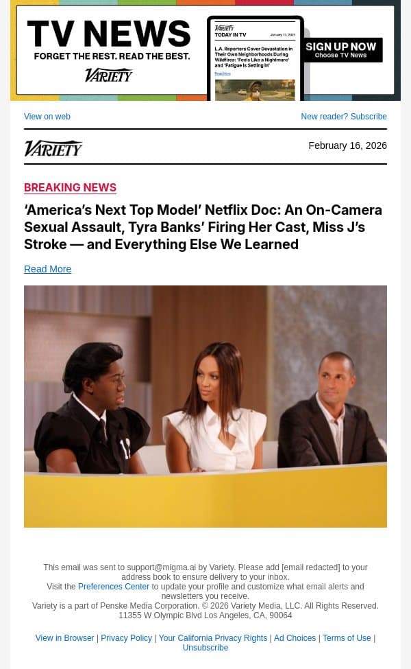 ‘America’s Next Top Model’ Netflix Doc: An On-Camera Sexual Assault, Tyra Banks’ Firing Her Cast, Miss J’s Stroke — and Everything Else We Learned email from Variety screenshot
