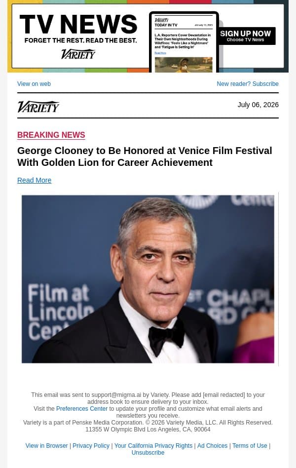 George Clooney to Be Honored at Venice Film Festival With Golden Lion for Career Achievement email from Variety screenshot