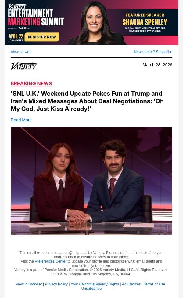 'SNL U.K.' Weekend Update Pokes Fun at Trump and Iran's Mixed Messages About Deal Negotiations: 'Oh My God, Just Kiss Already!' email from Variety screenshot