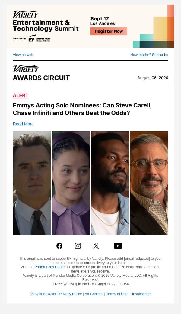 Emmys Acting Solo Nominees: Can Steve Carell, Chase Infiniti and Others Beat the Odds? email from Variety screenshot