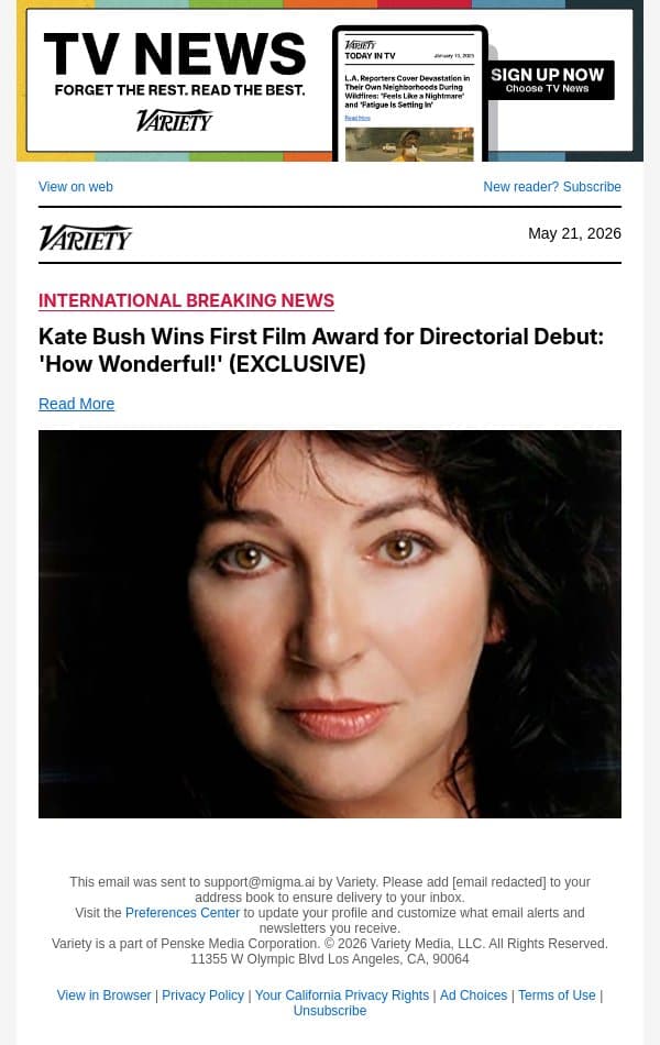 Kate Bush Wins First Film Award for Directorial Debut: 'How Wonderful!' (EXCLUSIVE) email from Variety screenshot