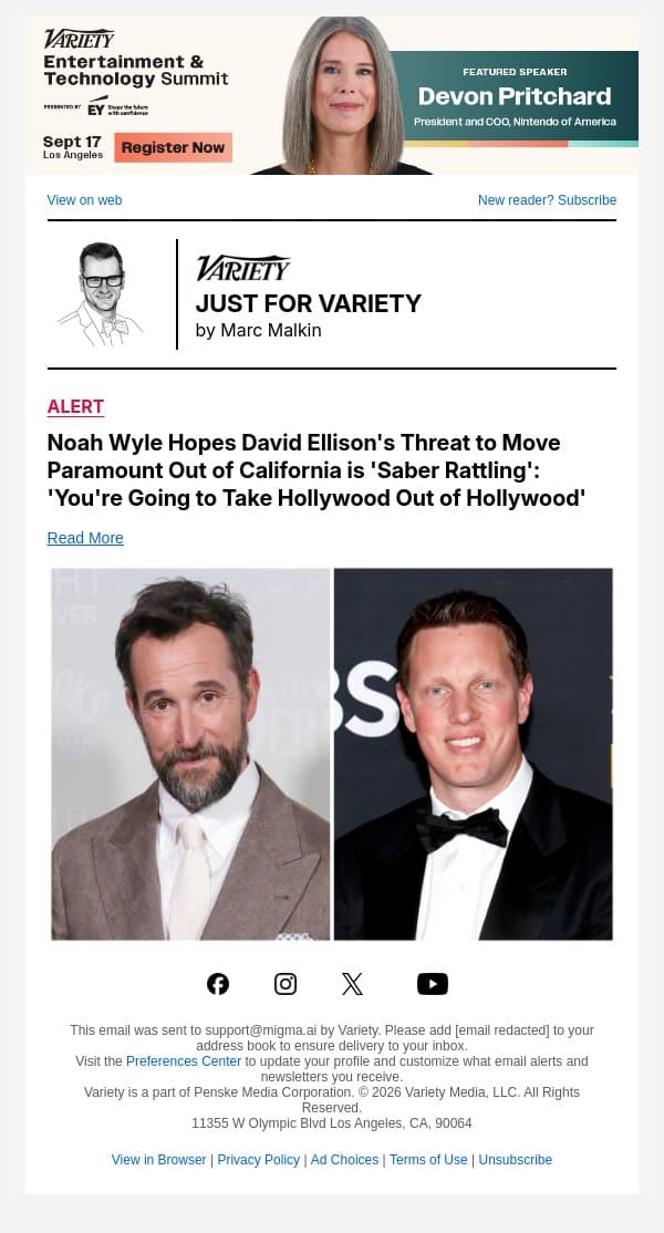 Noah Wyle Hopes David Ellison's Threat to Move Paramount Out of California is 'Saber Rattling': 'You're Going to Take Hollywood Out of Hollywood' email from Variety screenshot