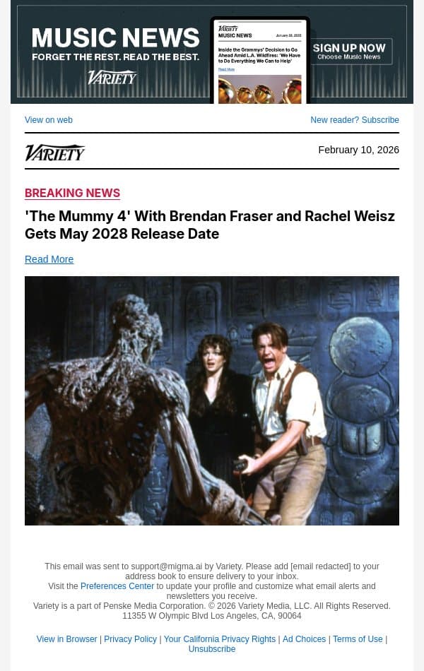 'The Mummy 4' With Brendan Fraser and Rachel Weisz Gets May 2028 Release Date email from Variety screenshot
