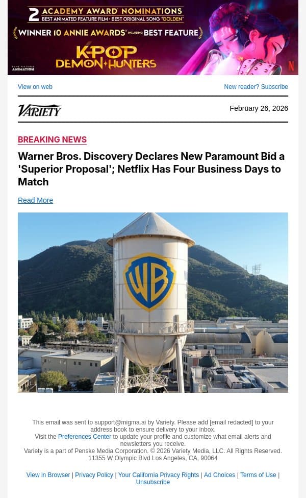 Warner Bros. Discovery Declares New Paramount Bid a 'Superior Proposal'; Netflix Has Four Business Days to Match email from Variety screenshot