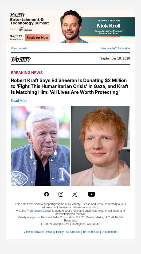 Robert Kraft Says Ed Sheeran Is Donating $2 Million to 'Fight This Humanitarian Crisis' in Gaza, and Kraft Is Matching Him: 'All Lives Are Worth Protecting' email from Variety screenshot