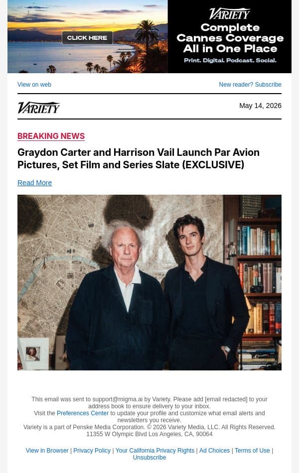 Graydon Carter and Harrison Vail Launch Par Avion Pictures, Set Film and Series Slate (EXCLUSIVE) email from Variety screenshot
