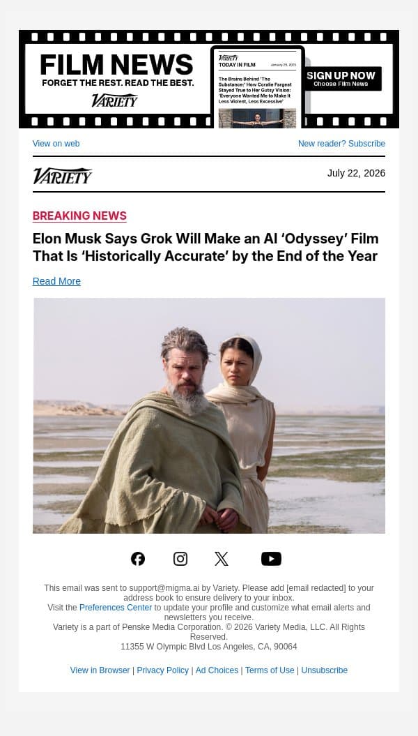 Elon Musk Says Grok Will Make an AI ‘Odyssey’ Film That Is ‘Historically Accurate’ by the End of the Year email from Variety screenshot