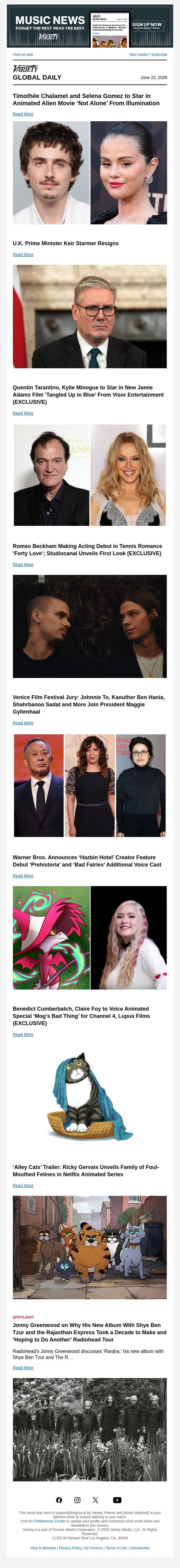 Timothée Chalamet and Selena Gomez Team; Keir Starmer Resigns; Tarantino's Next Acting Gig email from Variety screenshot