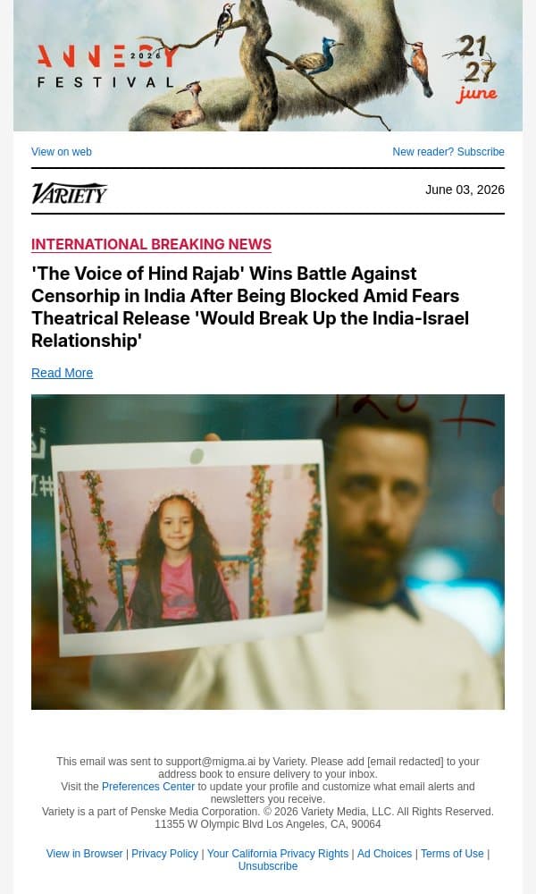 'The Voice of Hind Rajab' Wins Battle Against Censorhip in India After Being Blocked Amid Fears Theatrical Release 'Would Break Up the India-Israel Relationship' email from Variety screenshot