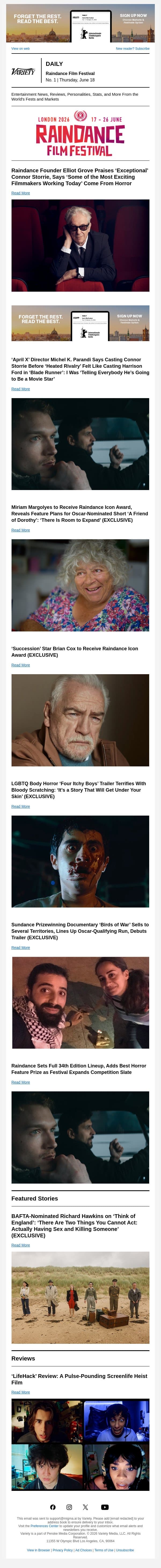 Grove Discusses Festival's Ethos; ‘April X’ Director on Storrie; Honors for Cox, Margolyes email from Variety screenshot