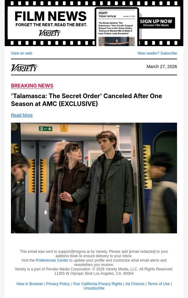 'Talamasca: The Secret Order' Canceled After One Season at AMC (EXCLUSIVE) email from Variety screenshot