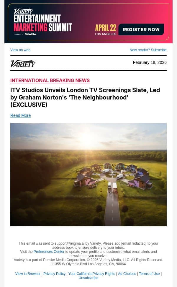 ITV Studios Unveils London TV Screenings Slate, Led by Graham Norton's 'The Neighbourhood' (EXCLUSIVE) email from Variety screenshot
