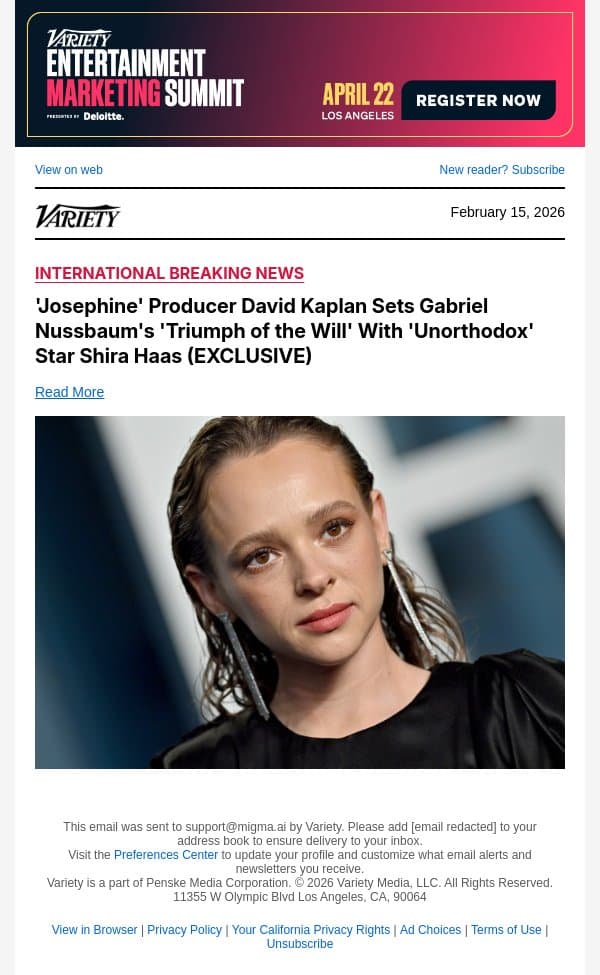 'Josephine' Producer David Kaplan Sets Gabriel Nussbaum's 'Triumph of the Will' With 'Unorthodox' Star Shira Haas (EXCLUSIVE) email from Variety screenshot