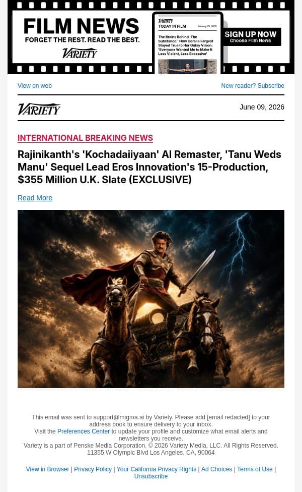 Rajinikanth's 'Kochadaiiyaan' AI Remaster, 'Tanu Weds Manu' Sequel Lead Eros Innovation's 15-Production, $355 Million U.K. Slate (EXCLUSIVE) email from Variety screenshot
