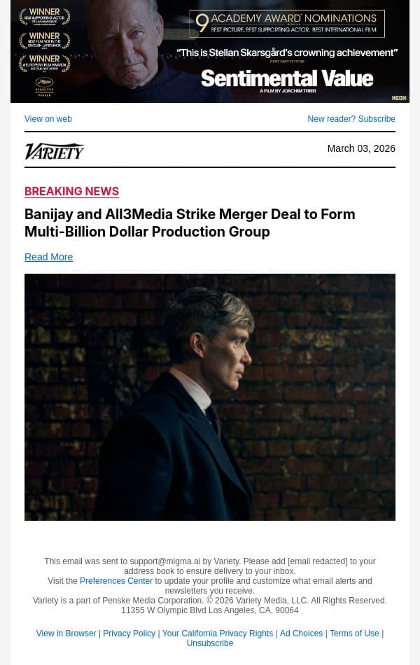 Banijay and All3Media Strike Merger Deal to Form Multi-Billion Dollar Production Group email from Variety screenshot