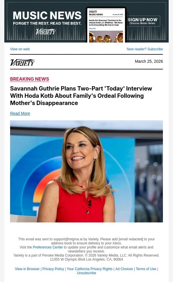 Savannah Guthrie Plans Two-Part 'Today' Interview With Hoda Kotb About Family's Ordeal Following Mother's Disappearance email from Variety screenshot