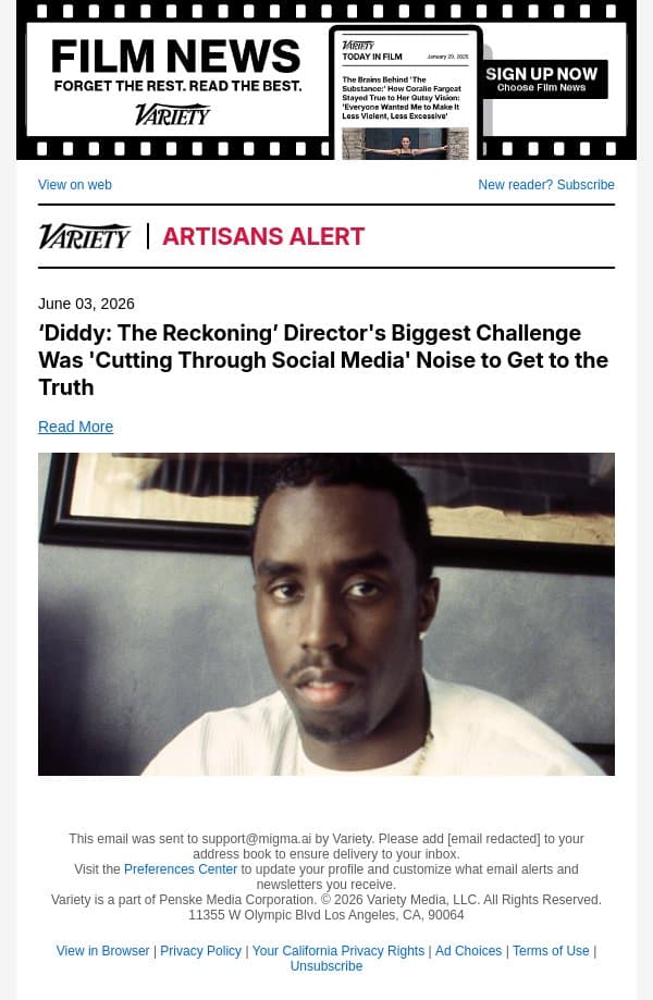 ‘Diddy: The Reckoning’ Director's Biggest Challenge Was 'Cutting Through Social Media' Noise to Get to the Truth email from Variety screenshot