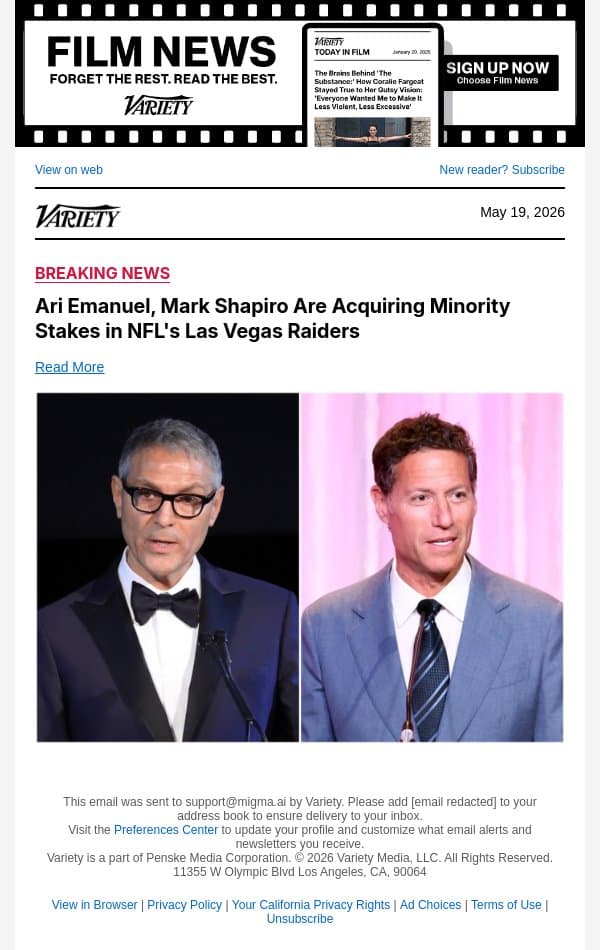 Ari Emanuel, Mark Shapiro Are Acquiring Minority Stakes in NFL's Las Vegas Raiders email from Variety screenshot