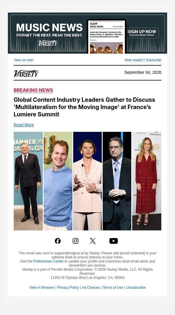 Global Content Industry Leaders Gather to Discuss 'Multilateralism for the Moving Image' at France’s Lumiere Summit email from Variety screenshot