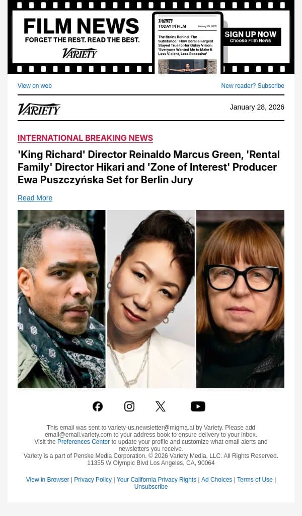 'King Richard' Director Reinaldo Marcus Green, 'Rental Family' Director Hikari and 'Zone of Interest' Producer Ewa Puszczyńska Set for Berlin Jury email from Variety screenshot