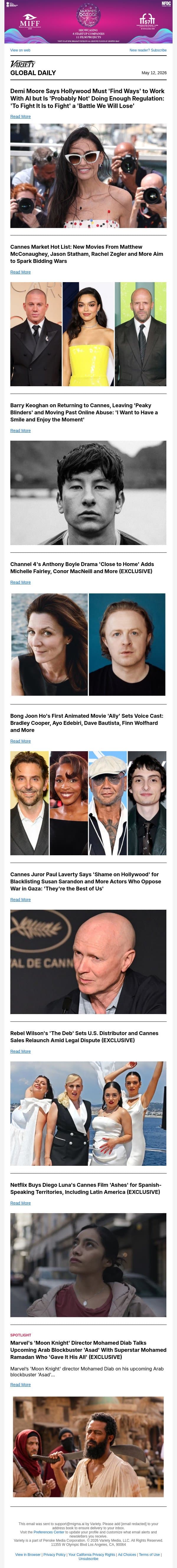 Demi Moore Confronts AI; Cannes Market Hot List; Barry Keoghan on 'Butterfly Jam' email from Variety screenshot