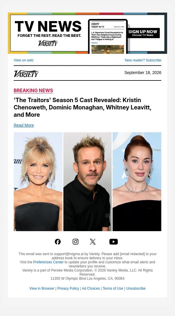 'The Traitors' Season 5 Cast Revealed: Kristin Chenoweth, Dominic Monaghan, Whitney Leavitt, and More email from Variety screenshot