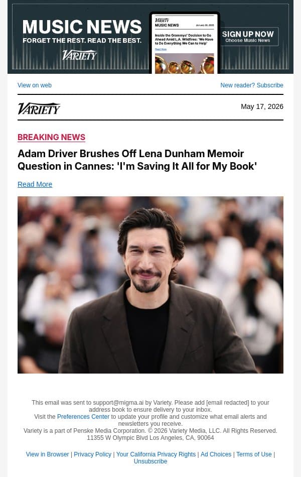 Adam Driver Brushes Off Lena Dunham Memoir Question in Cannes: 'I'm Saving It All for My Book' email from Variety screenshot