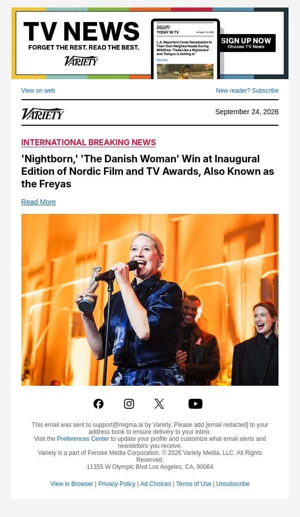 'Nightborn,' 'The Danish Woman' Win at Inaugural Edition of Nordic Film and TV Awards, Also Known as the Freyas email from Variety screenshot