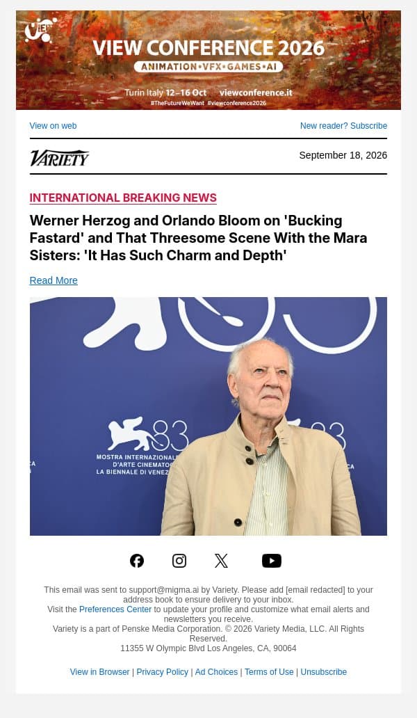 Werner Herzog and Orlando Bloom on 'Bucking Fastard' and That Threesome Scene With the Mara Sisters: 'It Has Such Charm and Depth' email from Variety screenshot