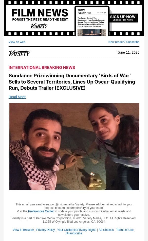 Sundance Prizewinning Documentary 'Birds of War' Sells to Several Territories, Lines Up Oscar-Qualifying Run, Debuts Trailer (EXCLUSIVE) email from Variety screenshot