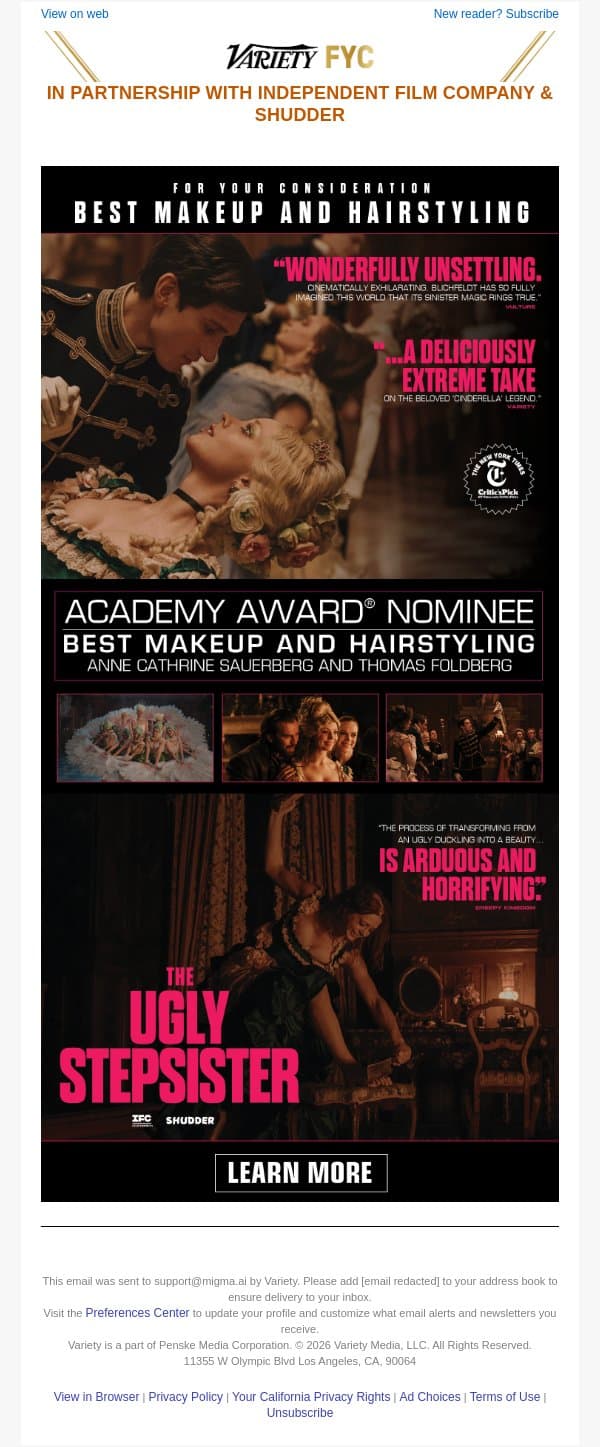 FYC: Oscar® Nominee THE UGLY STEPSISTER | Best Makeup and Hairstyling email from Variety screenshot