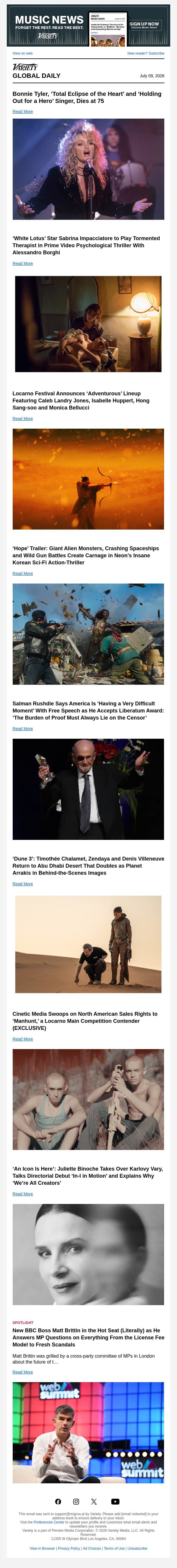 Bonnie Tyler Dies; Sabrina Impacciatore's Next Film; Locarno Lineup email from Variety screenshot