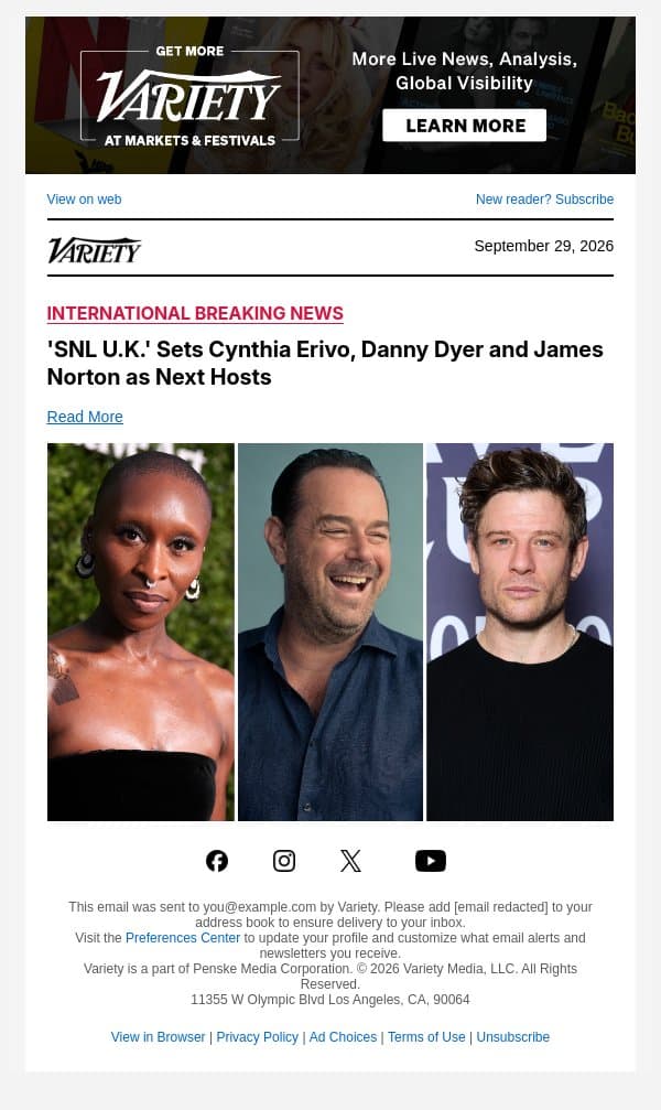 'SNL U.K.' Sets Cynthia Erivo, Danny Dyer and James Norton as Next Hosts email from Variety screenshot