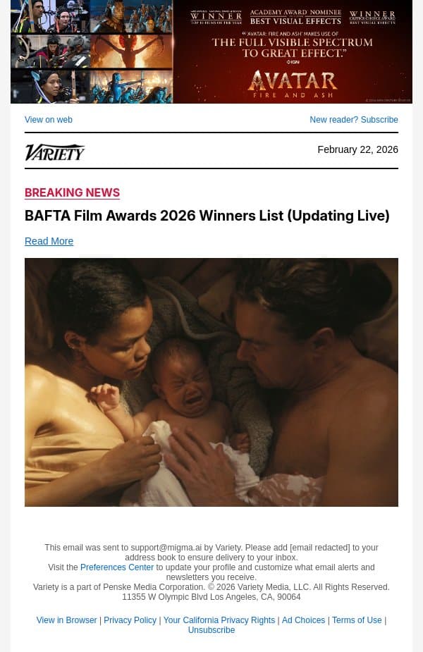 'One Battle After Another' Wins BAFTA for Best Adapted Screenplay email from Variety screenshot