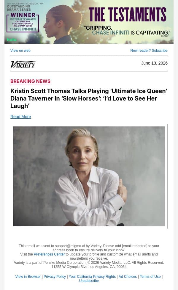 Kristin Scott Thomas Talks Playing ‘Ultimate Ice Queen’ Diana Taverner in ‘Slow Horses’: ‘I’d Love to See Her Laugh’ email from Variety screenshot