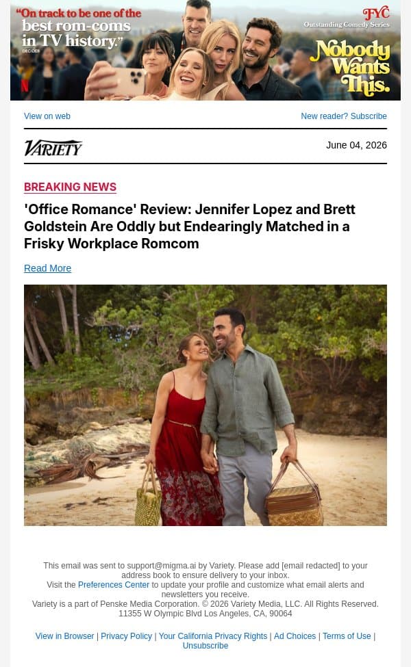 'Office Romance' Review: Jennifer Lopez and Brett Goldstein Are Oddly but Endearingly Matched in a Frisky Workplace Romcom email from Variety screenshot
