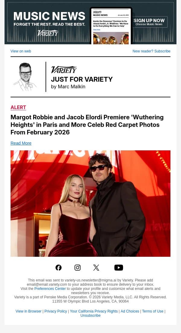 Margot Robbie and Jacob Elordi Premiere 'Wuthering Heights' in Paris and More Celeb Red Carpet Photos From February 2026 email from Variety screenshot