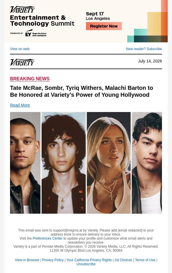 Tate McRae, Sombr, Tyriq Withers, Malachi Barton to Be Honored at Variety’s Power of Young Hollywood email from Variety screenshot