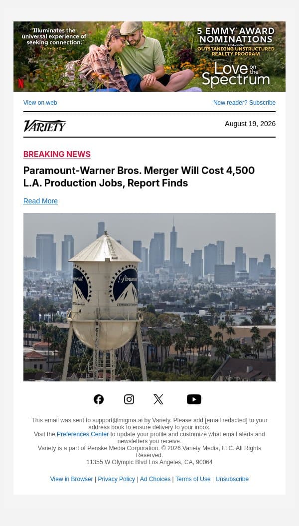 Paramount-Warner Bros. Merger Will Cost 4,500 L.A. Production Jobs, Report Finds email from Variety screenshot