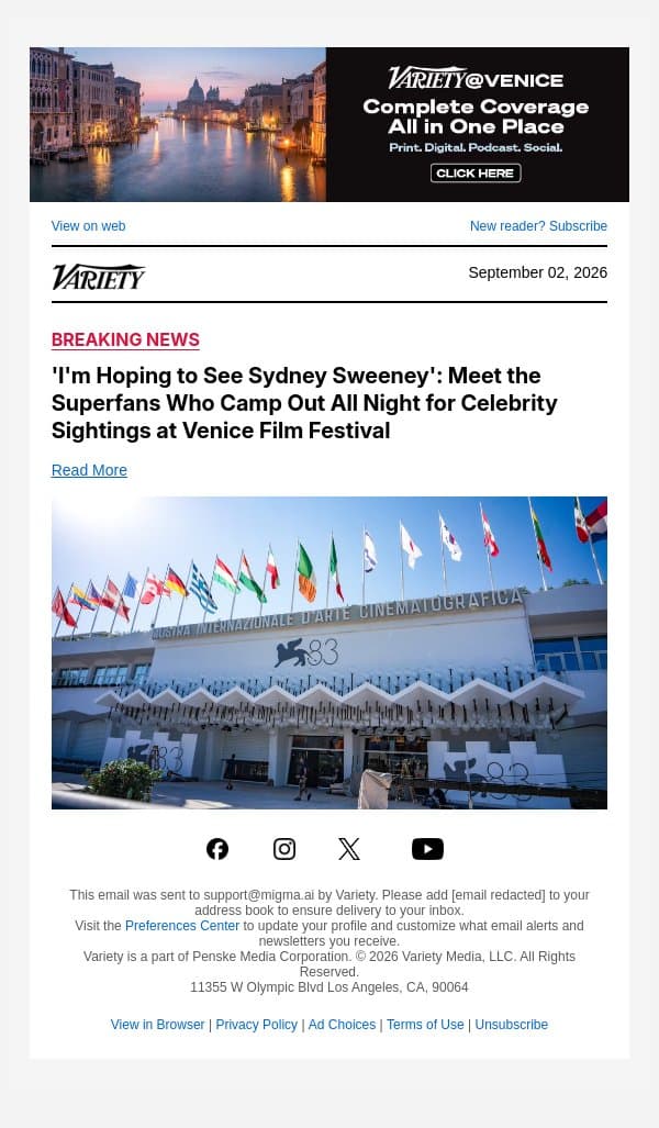 'I'm Hoping to See Sydney Sweeney': Meet the Superfans Who Camp Out All Night for Celebrity Sightings at Venice Film Festival email from Variety screenshot