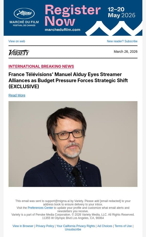 France Télévisions' Manuel Alduy Eyes Streamer Alliances as Budget Pressure Forces Strategic Shift (EXCLUSIVE) email from Variety screenshot