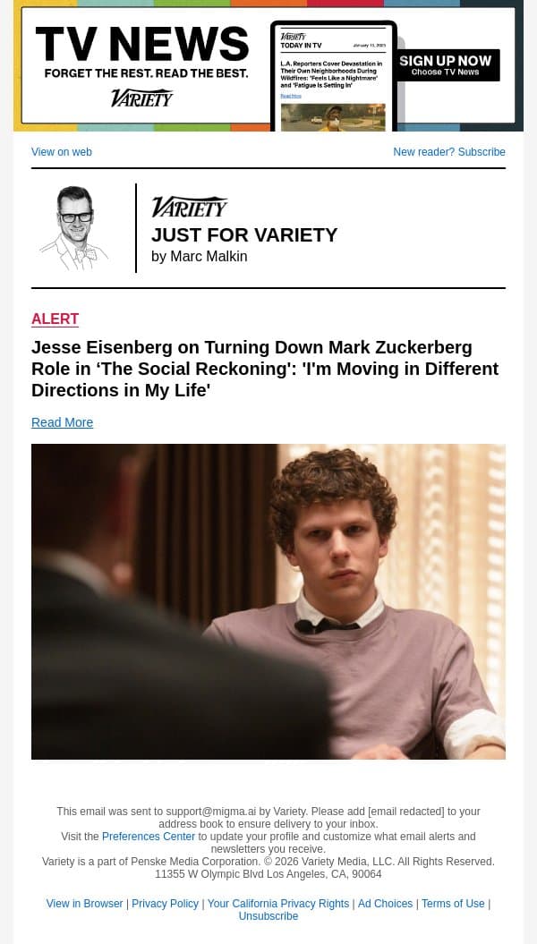 Jesse Eisenberg on Turning Down Mark Zuckerberg Role in ‘The Social Reckoning': 'I'm Moving in Different Directions in My Life' email from Variety screenshot