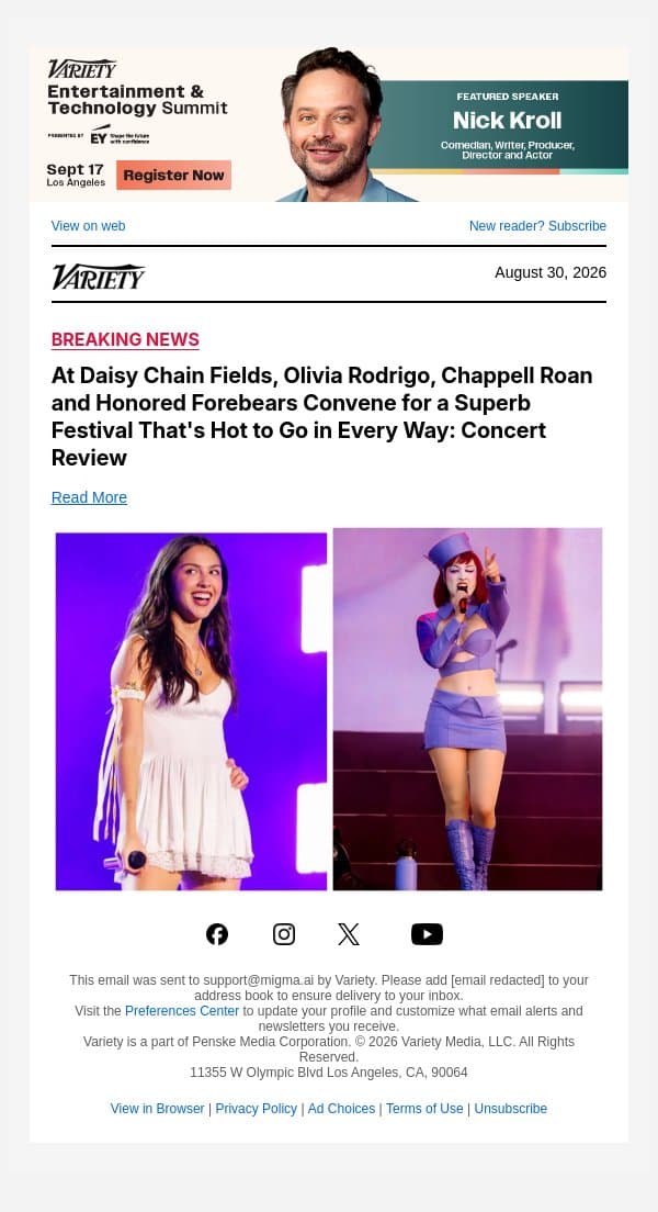 At Daisy Chain Fields, Olivia Rodrigo, Chappell Roan and Honored Forebears Convene for a Superb Festival That's Hot to Go in Every Way: Concert Review email from Variety screenshot