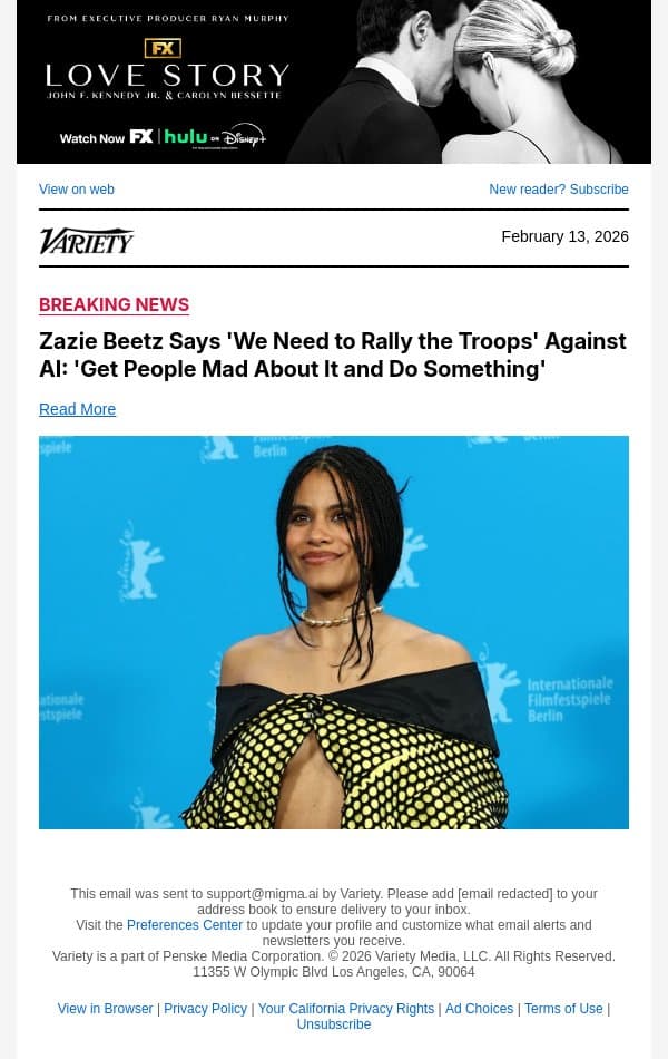 Zazie Beetz Says 'We Need to Rally the Troops' Against AI: 'Get People Mad About It and Do Something' email from Variety screenshot