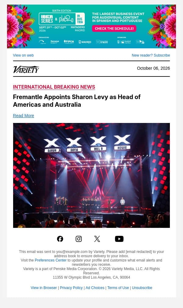 Fremantle Appoints Sharon Levy as Head of Americas and Australia email from Variety screenshot