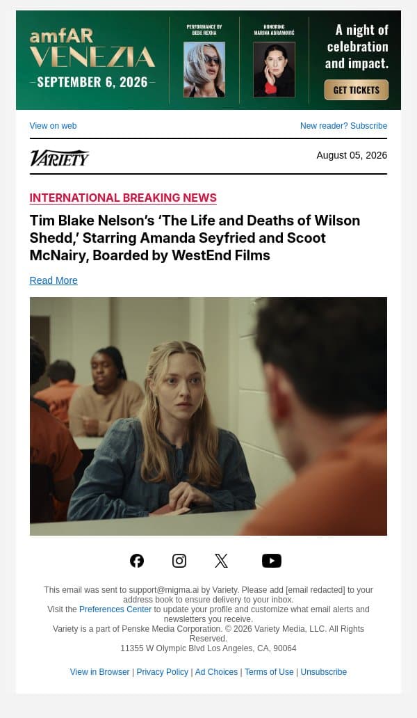Tim Blake Nelson’s ‘The Life and Deaths of Wilson Shedd,’ Starring Amanda Seyfried and Scoot McNairy, Boarded by WestEnd Films email from Variety screenshot